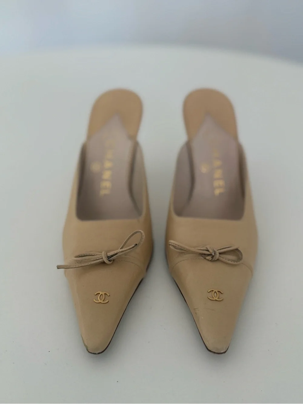 CHANEL Nude Beige Pointed-Toe Leather Mule Heels